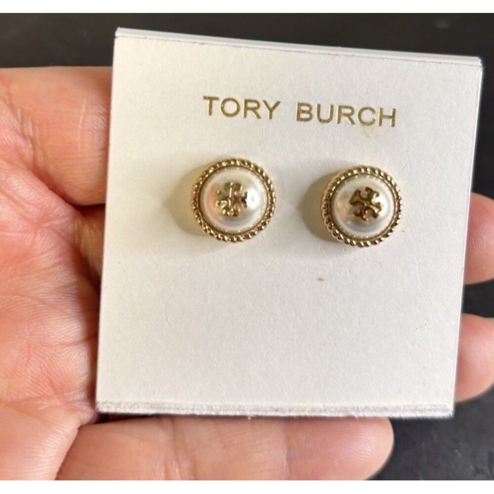 NWT Tory Burch Gold-tone Tory Logo Rope Faux Pearl Women's Earrings Pierced - Picture 6 of 7